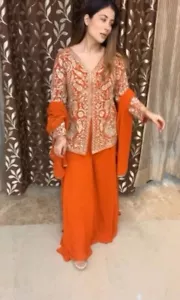 Hermoso Traje Palazzo Chinon Seda Naranja Con Dupatta Para Uso Funcional - Imagen 1 de 10