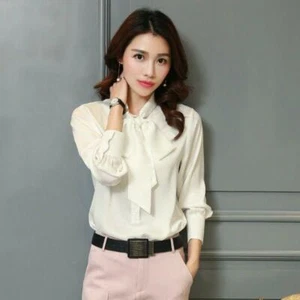 2020 schicke Damen Seide OL Bluse Satin Fliege Langarm Shirt formell Tops neu - Bild 1 von 16