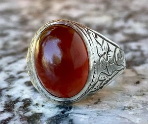 Rare Vintage Gypsy Silver Cabochon Cut Garnet / Carnelian Large Ring Sz 9.25 - Picture 1 of 10