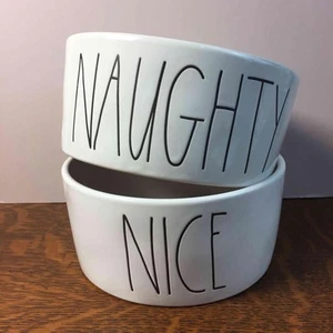 Rae Dunn 6" Ceramic Glazed NAUGHTY & NICE Dog Pet Bowls Ivory **One has Damage** - Picture 1 of 9