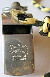 VINTAGE ACME "THUNDERER" NICKEL PLATED WHISTLE ON LANYARD, MADE IN ENGLAND - Picture 1 of 3