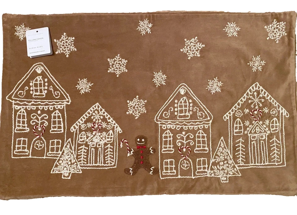 Pottery Barn Gingerbread Village Embroidered Velvet Lumbar Pillow Cover - Image 1 of 1