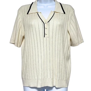 Adrianna Papell Sweater Womens Size L Creamy White Pointelle Knit Collared - Picture 1 of 10