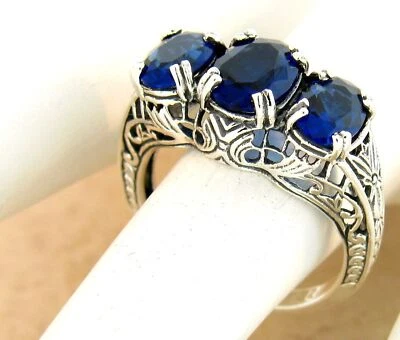 CLASSIC ART DECO STYLE 3 THREE STONE 925 SILVER SIMULATED SAPPHIRE RING    1169X - Image 1 of 3