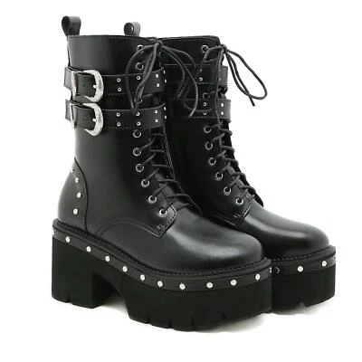 Gothic Women's Motorcycle Ankle Boots Chunky Heel Platform Rivet Buckle Biker - Image 1 of 4