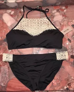Nwt Kenneth Cole Reaction Schwarz Häkel Hoher Kragen Badeanzug Bikini Damen XL - Bild 1 von 4