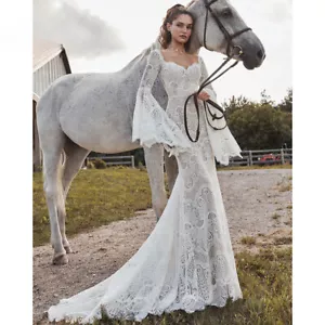 Vestido Boheme Meerjungfrau Boho Brautkleid Langarm Rückenfrei Spitze Brautkleid - Bild 1 von 8