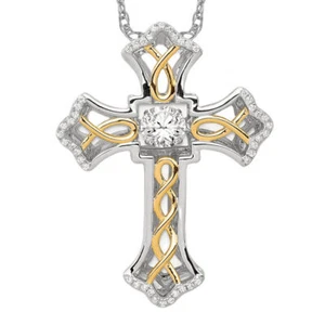 925 Sterling Silver Gold Plated CZ Cross Necklace - Picture 1 of 12