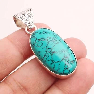 Turchese Gemma 925 Ciondolo Placcato Argento Handmade Gioielli Idea Regalo 3.7cm - Immagine 1 di 3
