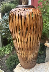 MASSIVE 30" VIntage Hand Woven Asian Bamboo Floor Vase Basket Wooden Base - Picture 1 of 11