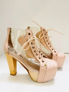 Jeffrey Campbell Clear and Blush Leather Booties with Wooden Heel Women's Sz 8 - Picture 1 of 9