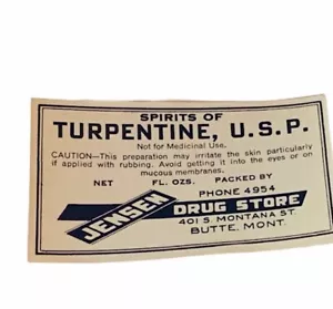 Pharmacy label vtg ephemera paper WW1 era WWI drugstore Turpentine Jensen Butte - Picture 1 of 3