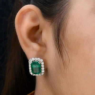 18.53 Tcw Zambian Emerald Lab Created Diamond Halo Stud Earrings 14k White Gold - Image 1 of 4