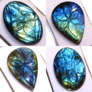 4 Pcs Natural Labradorite Hi-Quality 37mm-38mm Hand Floral Carved Cabs Gemstones - Picture 1 of 12