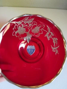 NEW Vintage ROCKWELL Ruby Red Glass Footed Dish Plate Silver Overlay Non Tarnish - Picture 1 of 2