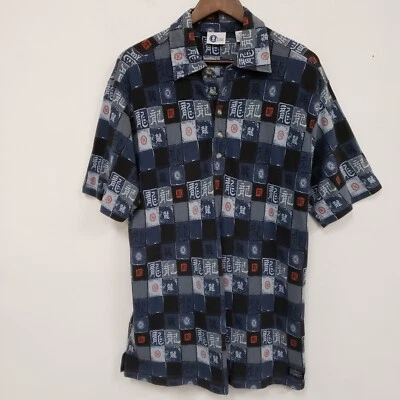 Vintage Mens Arizona Y2K Asian Print Button Shirt Size M Blue Mahjong Casual - Image 1 of 4