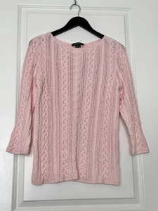 Ralph Lauren Womens Cable Knit Sweater Pink Cotton Long Sleeve Size Large - Picture 1 of 9