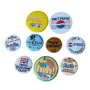 Vintage Lot Of 9 Pepsi Cola Advertising Buttons Pinbacks Pins ET Indiana Jones - Picture 1 of 4