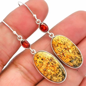 Pendientes de plata de ley 925 de ágata fósil de raíz de palma y granate E-1002 - Imagen 1 de 5