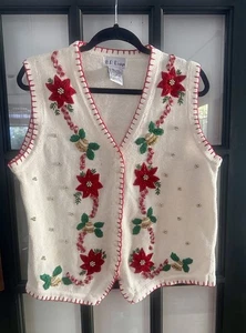 🩷90er Jahre B.P. Design Vintage Creme Ugly Christmas Pullover Weste Perlen bestickt Gr. M - Bild 1 von 9