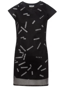 DKNY Girls Black Logo Geometric Print Mesh Layered Dress 10 Years BNWT - Picture 1 of 3