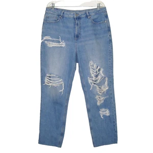 American Eagle High Rise Stretch Mom Jeans Size 14 Distressed Ripped Raw Hem - Picture 1 of 11
