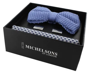Lt Blue Silk Knitted Bow Tie, Blue Small Flower Cotton Pocket Square Gift Set - Picture 1 of 8