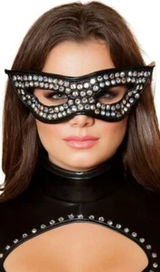 Rhinestone Cat Eye Mask Wet Look Elastic Strap Woman Kitten Costume Black M4402 - Picture 1 of 2