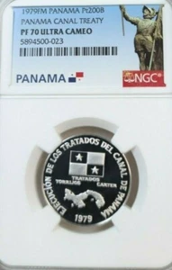 1979 PANAMA PLATINUM 200 BALBOAS Pt200B CANAL TREATY NGC PF 70 ULTRA CAMEO  - Picture 1 of 3