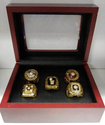 Magic Johnson - Los Angeles Lakers Championship 5 Ring Set With Wood Display Box Cover