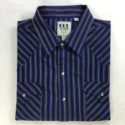 Camisa Occidental Ely Cattleman Para Hombres 2XLT Azul Marrón Rayas Perla A Presión Manga Larga Foto 1 de 4