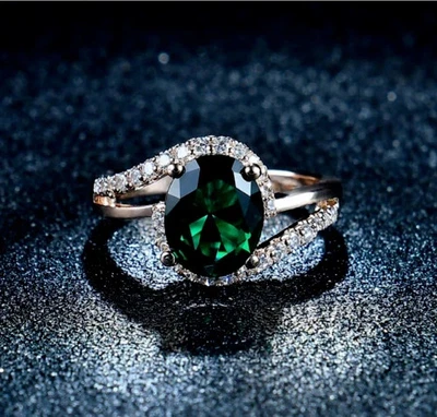 ANILLO DE COMPROMISO MUJER ESMERALDA TALLA OVALADA 3CT CHAPADO EN ORO ROSA 14K Foto 1 de 4