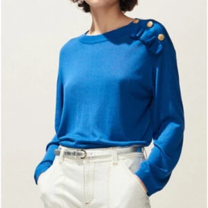 Claudie Pierlot 2 Sweater Blue Silk Blend Gold Button Ruffle Trim Pullover Top - Picture 1 of 10