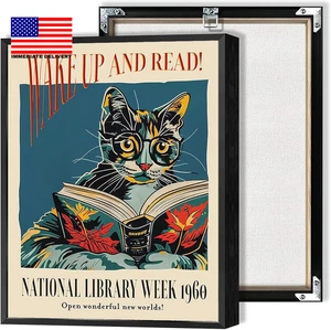 Vintage Katze und Buch Wandbild Aufwachen und Lesen Inspirierende Leinwand Poster 1960 Nat - Bild 1 von 8