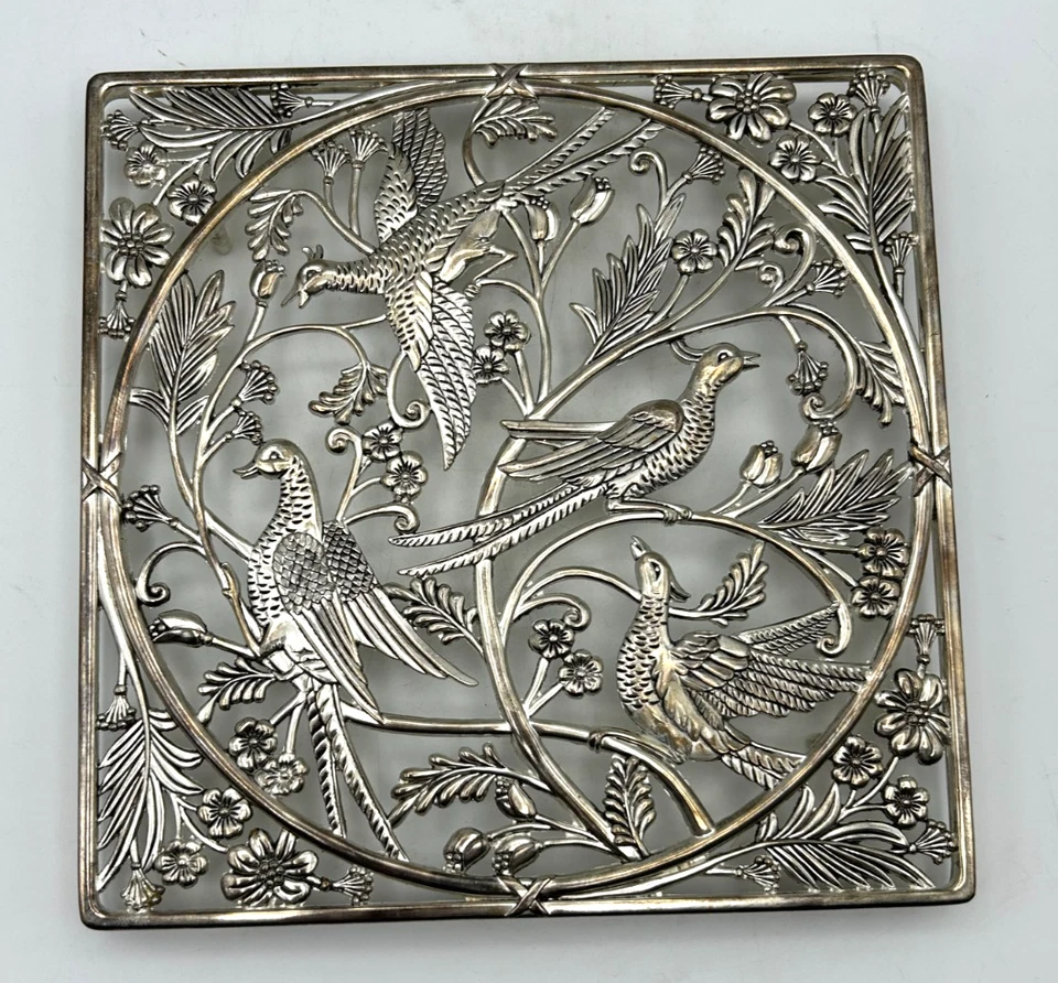 "Trivet de colección Godinger faisán y floral estilo Art Nouveau cuadrado tono plata 9""" Foto 1 de 4