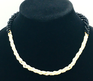 Multi Strand Genuine Rice Pearl and Round Black Bead Twisted Necklace Vintage.