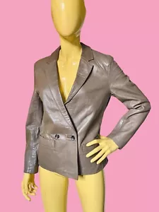 TRUE VINTAGE 80s Mushroom Taupe Leather Blazer Jacket Cropped Double Breasted SM - Picture 1 of 5