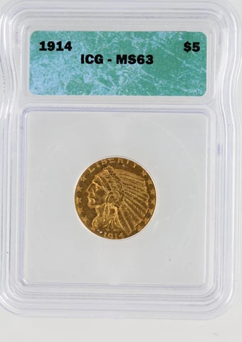 1914 Half Eagle ICG MS63 $5 Philadelphia Minted Indian Head Gold Coin Old Green Cover