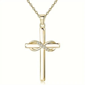 Golden Infinity Cubic Zirconia Cross Necklace Pendant Adjustable to 18 3.4" - Picture 1 of 8