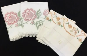 Vintage Shabby Chic Floral Cross-Stitch Embroidery Pillowcases; Lot of 4 (RF521) - Picture 1 of 9
