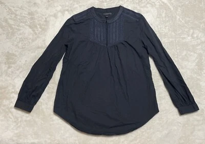 J Crew Blouse Womens Size XS 0 Black Long Sleeve V Neck Purple Embroidered Top - Image 1 of 4