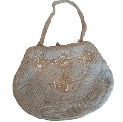 Vintage White Beaded Evening Bag Purse Clutch Handbag Wedding Detailed - Image 1 of 4