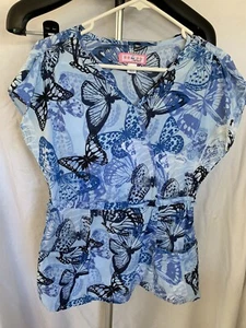 KOI Kathy Peterson Scrub Top sz S Fitted Drawstring Waist Butterflies Front Pock - Picture 1 of 7