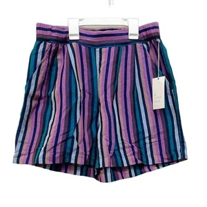 A New Day NWT Women's XS Purple Blue Stripe Mid-Rise Linen Casual Pull-On Shorts - Picture 1 of 4