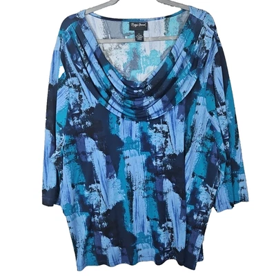 Maggie Barnes Cowl Neck Blouse Women's Size 2X  Blue Print 3/4 Sleeve - Image 1 of 4