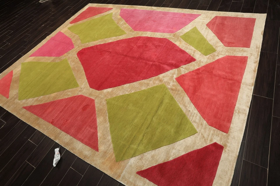 8x10 Tibetano Hand Knotted Wool & Silk Fuschia Tibetan Art Deco Geometric Rug - Image 1 of 4