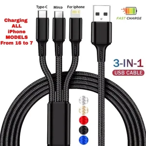 HeavyDuty 3 in 1 Multi USB Charger Charging Cable For Type-C iPhone USB Micro - Picture 1 of 9