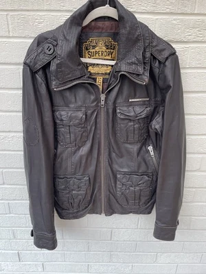 SUPERDRY Jacket Mens Large Brown Leather Biker Racer Motorcycle Full Zip Heavy - Image 1 of 4