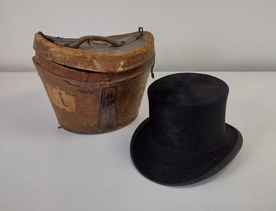 Antique Top Hat Men's Black Silk Plush Formal Edwardian & Leather Hat Box - Image 1 of 4