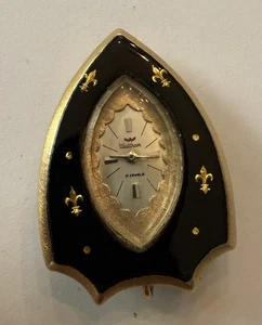 Vintage Waltham, Black Enamel Art Deco Watch Pin 17 J - Picture 1 of 2